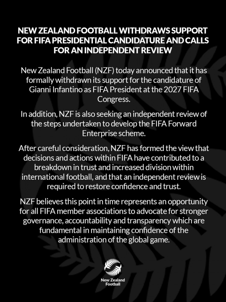新西兰足协倒戈 撤回对因凡蒂诺竞选FIFA主席支持 新西兰足协倒戈 撤回对因凡蒂诺竞选FIFA主席支持